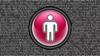 Erkek ikonu. Ekranda ikili kod (bit dizisi). Görüntü döngüsü. Görüntü.