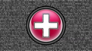 Artı simge. Ekranda ikili kod (bit dizisi). Görüntü döngüsü. Görüntü.