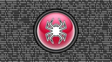 Virüs simgesi. Ekranda ikili kod (bit dizisi). Görüntü.