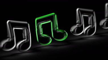 Siyah arka planda müzik notası. Görüntü döngüsü. 3d Görüntü.