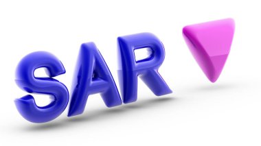 Beyaz arka planda Suudi riyal işareti. İndeks düştü. 3d Görüntü.