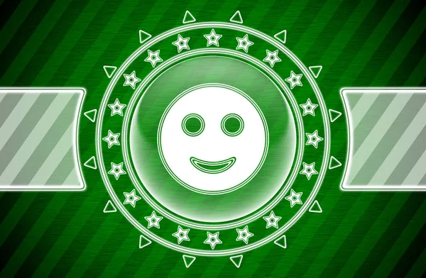 Smile icon in circle shape and green striped background. Illustration.