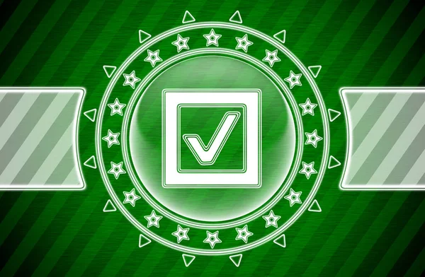 Checkbox icon in circle shape and green striped background. Illustration.