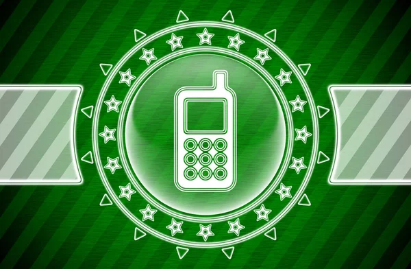 Mobile icon in circle shape and green striped background. Illustration.