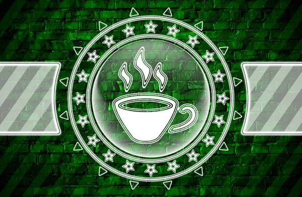 円の形と緑のレンガの壁にコーヒーアイコン イラスト — ストック写真