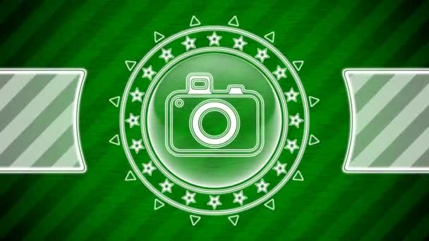 Ikona Fotoaparátu Tvaru Kruhu Zeleně Pruhované Pozadí Ilustrace — Stock video
