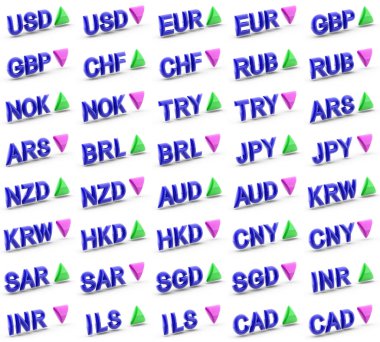 Para birimlerinin yukarı ve aşağı indeksleri. ABD, Avrupa, İngiltere, İsviçre, Rusya, Norveç, Türkiye, Brezilya, Japonya, Çin, Hindistan gibi para birimleri toplanmaktadır. 3B Görüntü.