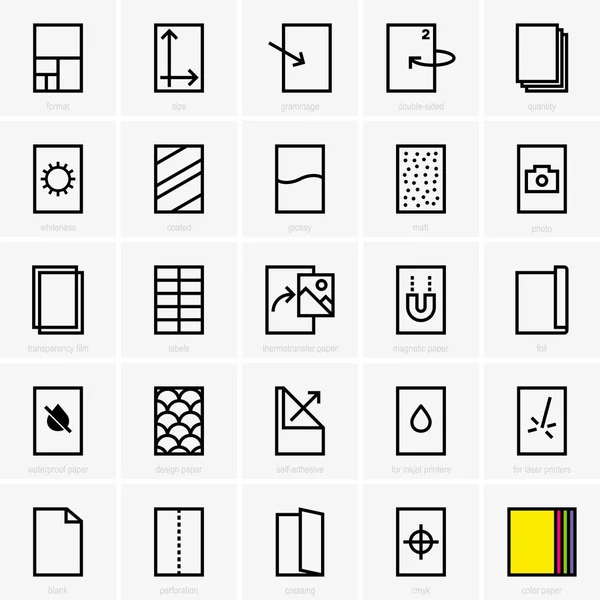 Papier eigenschappen pictogrammen — Stockvector