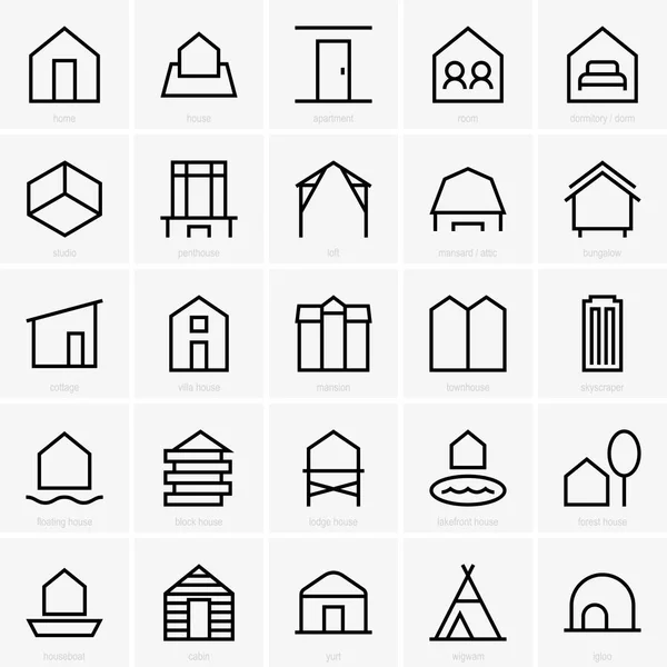 Conjunto Veinticinco Iconos Alojamiento Diferentes — Archivo Imágenes Vectoriales
