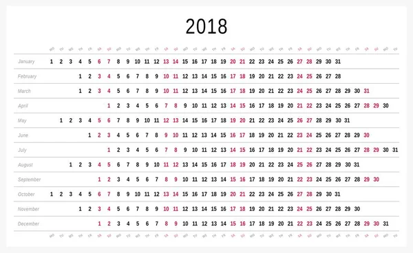 Vektorkalender 2018 Englische Version — Stockvektor