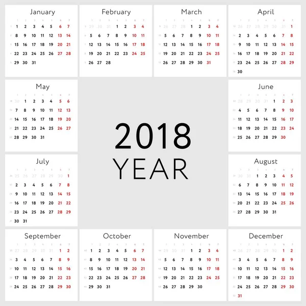 Calendário Vetorial 2018 Versão Inglês — Vetor de Stock