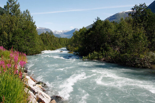 Scenic landscape near the Bergsetbreen glacier in Norway, where rugged mountains, lush valleys, and glacial ice create a breathtaking and pristine natural setting.