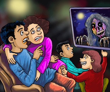 Gece yarısı televizyonda korku filmi izleyen bir aile. Korku filmi izlemekten korkan bir ebeveyni anlatan çizgi film..