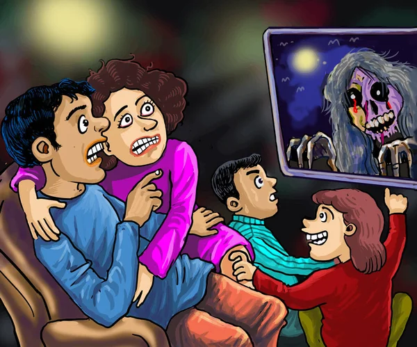 Una Familia Viendo Una Película Miedo Televisión Medianoche Dibujos Animados — Archivo Imágenes Vectoriales