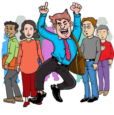 Etrafında kalabalıkla zıplayan mutlu bir adamın karikatürü..