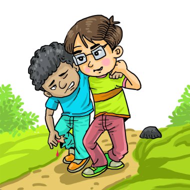 Yaralı arkadaşına yardım eden bir çocuğun çizgi filmi. Sorumlu ve gerçek bir dost.. 