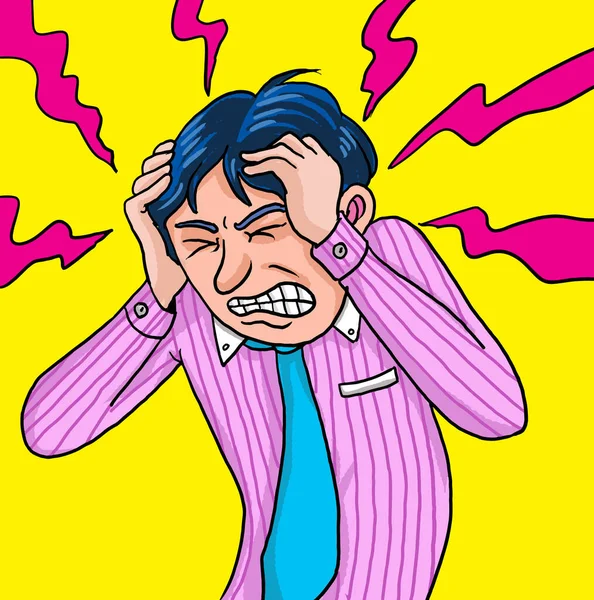 Cartoon Man Met Hoofdpijn Migraine Gezondheids Medische Problemen — Stockvector