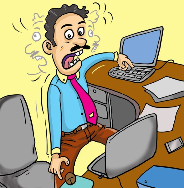 Забавный Мультфильм Паникующий Человек Офисе Работой Сети Спешит Закончить Свои — стоковый вектор