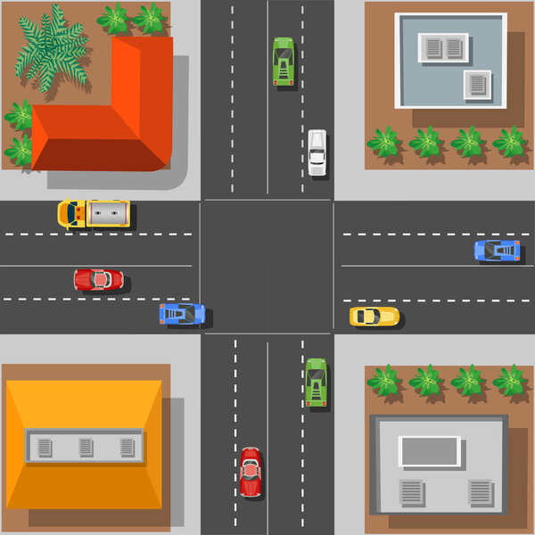 City intersection with the rooftops