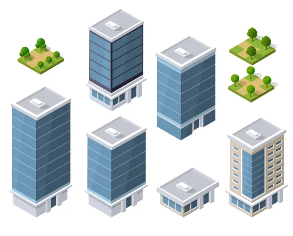 Serie di moderni edifici isometrici — Vettoriale Stock