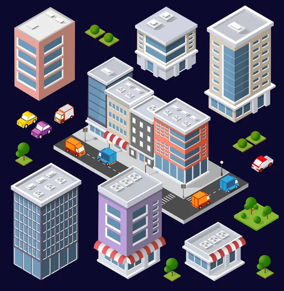 Set of modern isometric buildings — Stock Vector