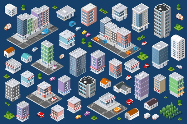 Conjunto de edifícios planos urbanos de cores diferentes — Vetor de Stock