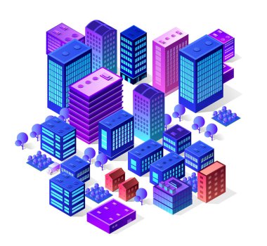 Modern renkler inşa eden Isometric şehir seti