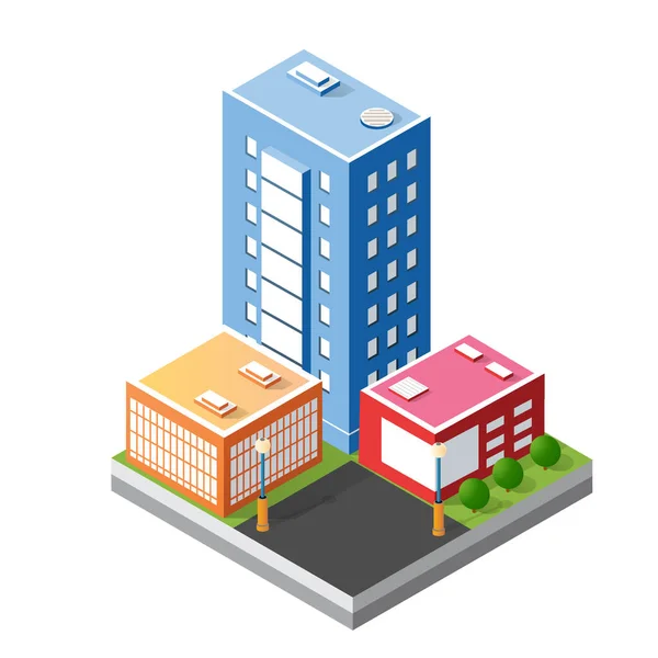 Elementos de projeto da paisagem urbana com edifício isométrico —  Vetores de Stock