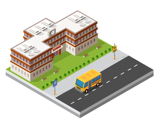 Escola edifício isométrico educação estudo —  Vetores de Stock