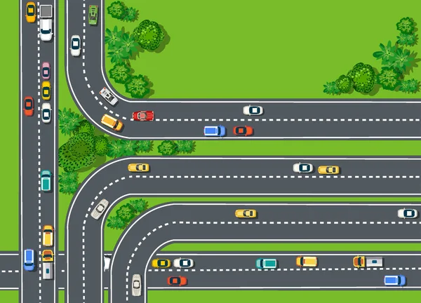 Road bovenaanzicht met snelwegen veel verschillende voertuigen — Stockvector