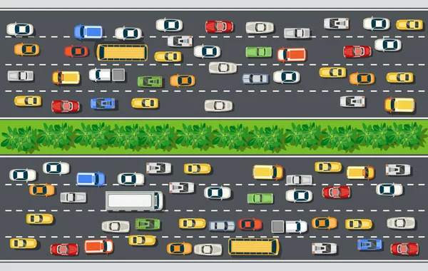 Straßenansicht mit Autobahnen viele verschiedene Fahrzeuge — Stockvektor