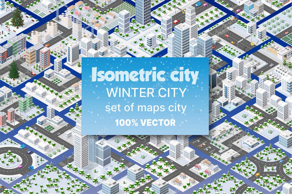 Winter Christmas landscape Isometric City set