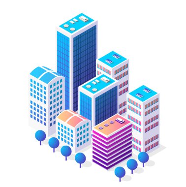 Bir sürü evi olan Isometric 3D simge şehir merkezi