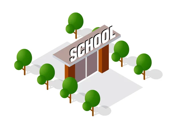 Escola edifício isométrico educação estudo — Vetor de Stock
