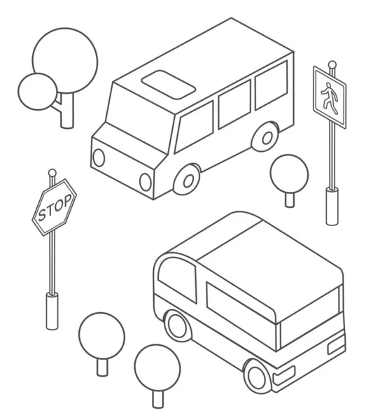 Isometric otobüs kentsel altyapı arabalar ve otobüsler — Stok Vektör