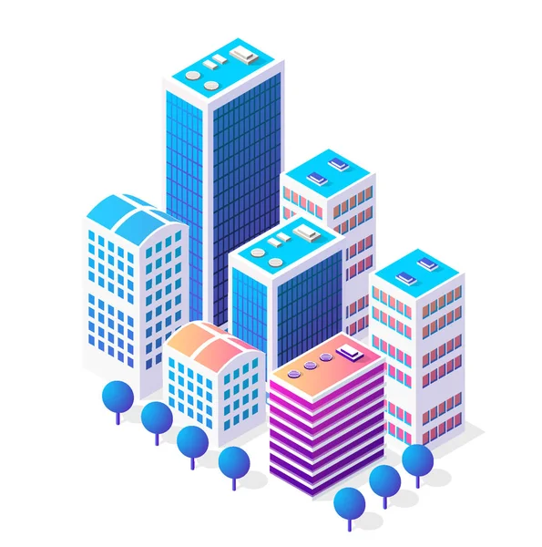 Isometrisches 3D-Symbol Stadt Stadtgebiet mit vielen Häusern — Stockvektor