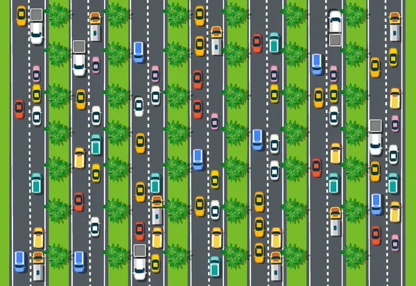 Vue de dessus de route avec autoroutes de nombreux véhicules différents — Image vectorielle