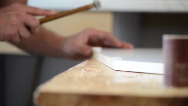 Worker installing wooden panel — Stock Video