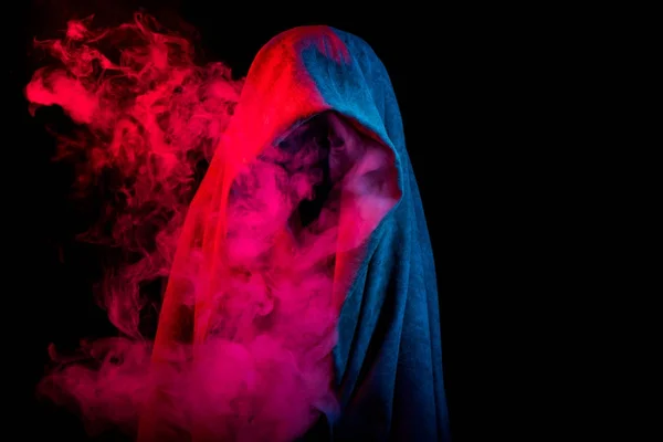 Mysterious Dark Silhouette Hidden Colorful Smoke Black Background — Stock Photo, Image