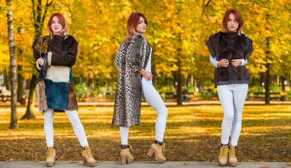 Carino Rossa Donna Posa Elegante Inverno Autunno Stagione Strada Stile — Foto Stock