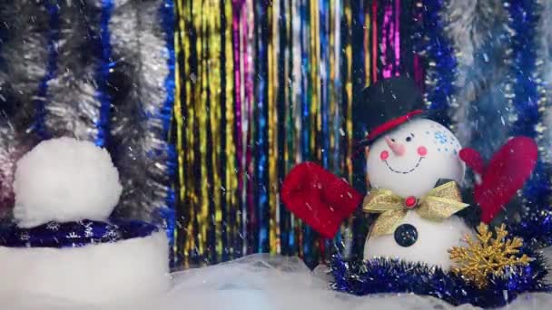 Holiday Hat Snowman Falling Snow Colorful Smoke Multicolor Holiday Background — Stockvideo