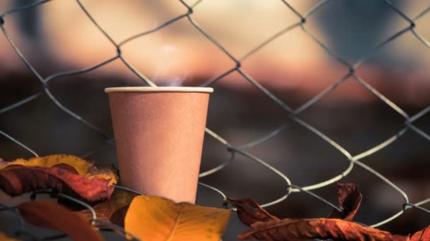 Kopp Med Varmt Kaffe Avdunstande Rök — Stockvideo