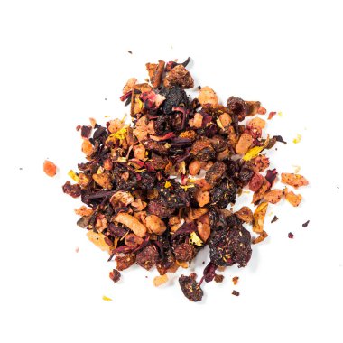 meyve karışımı çay amber çiçeği ayçiçeği yaprakları, ananas papaya dilimleri, kurutulmuş kiraz ahududu çileği çileği elması ve kuru üzüm içerir.