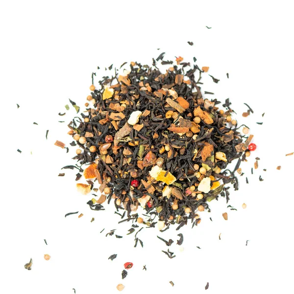 Halom Természetes Teljes Levél Fekete Tea Tartalmaz Darab Fahéj Szeletek Stock Kép