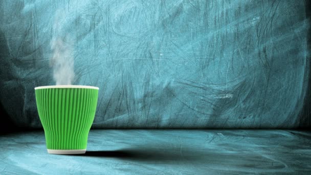 Animation Green Cup Hot Drink Evaporating Smoke Wooden Surface Chalk — 비디오