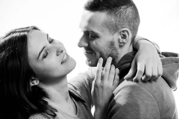 Young Romantic Couple Together Black White Emotional Portrait White Background — Stok fotoğraf