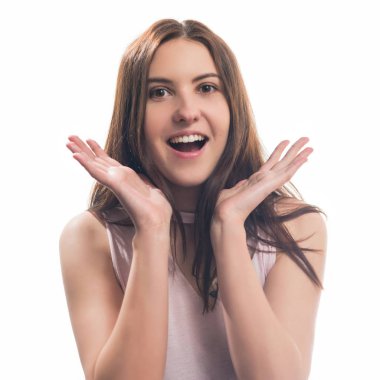 young emotional brunet woman smiling portrait isolated on white background
