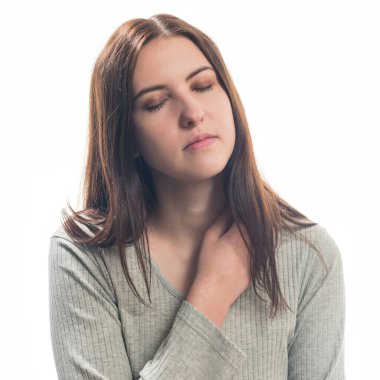 young dreaming brunet woman portrait isolated on white background