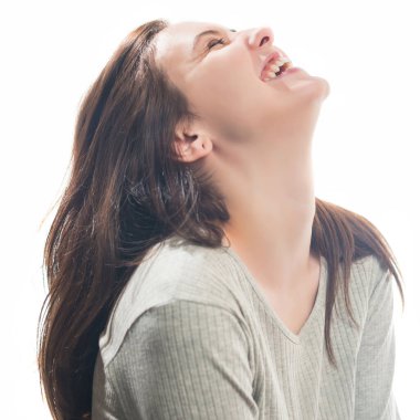 young laughing brunet woman portrait isolated on white background