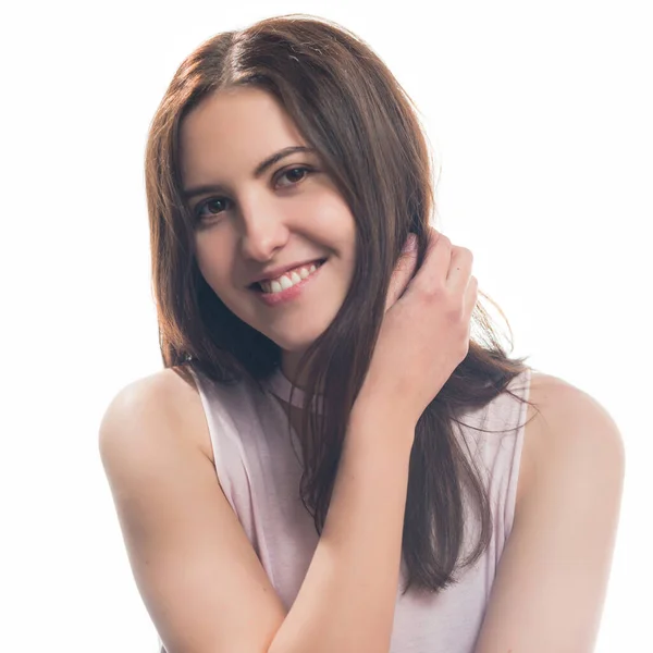 Joven Feliz Sonriente Morena Mujer Retrato Aislado Sobre Fondo Blanco — Foto de Stock